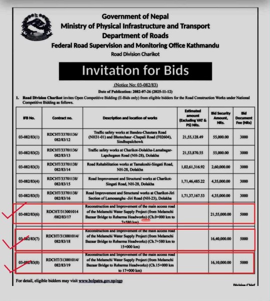 मेलम्ची खानेपानीको मुहान क्षेत्र जाने सडक स्तरोन्नति गर्न टेण्डर आह्वान