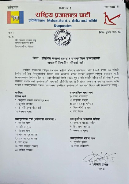 राप्रपा सिन्धुपाल्चोक २ बाट प्रत्यक्ष तर्फ पशुपति शमशेर जबरा र कुमारी तामाङ सहित चार जनाको नाम सिफारिस